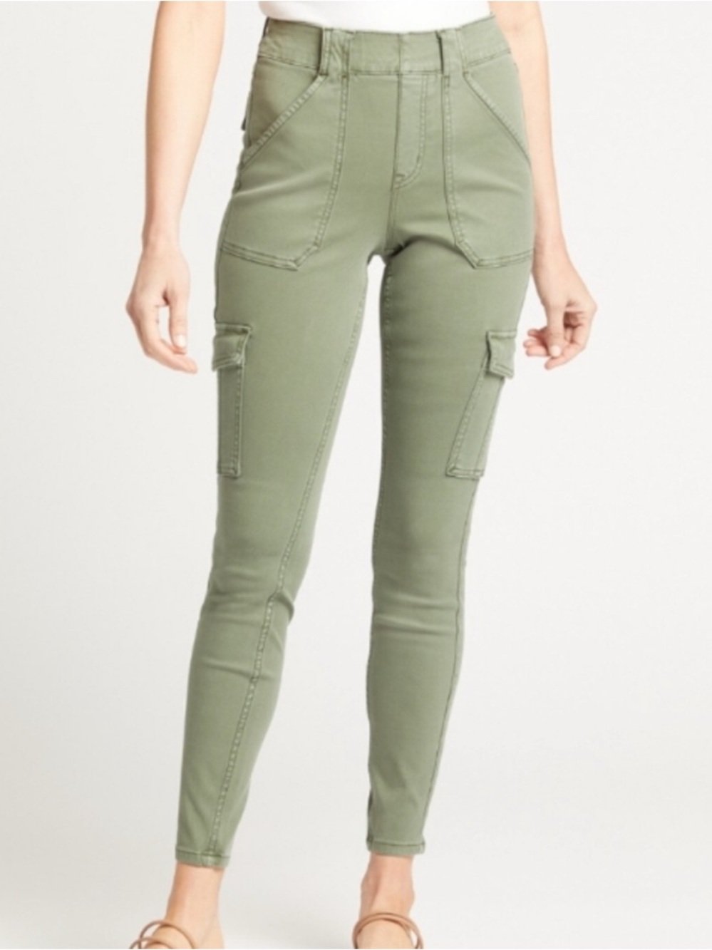 SPANX Stretch Twill Ankle Cargo Pants Green Skinny Pull On Size Medium Utility